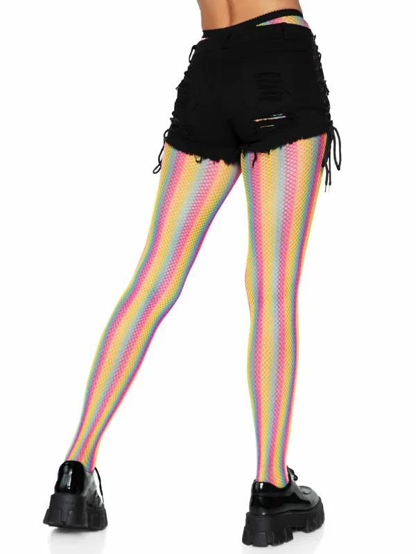 Neon Rainbow Striped Fishnet Tights – One Size – Multicolor