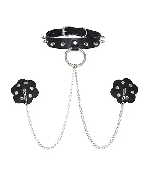 Neva Nude Burlesque Slave 4 U Chain Neck Choker Leather Reusable Silicone Pasties – Black O/S