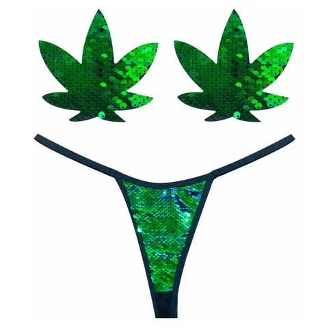 Neva Nude Naughty Knix Ariel Green Sequin Leaf Pasties and G-String