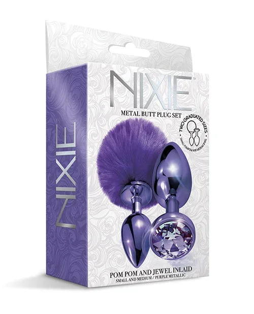 Nixie Metal Butt Plug Set w/Jewel Inlaid & Pom Pom – Purple Metallic