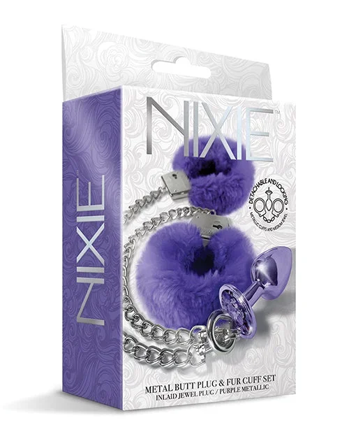 Nixie Metal Butt Plug w/Inlaid Jewel & Fur Cuff Set – Purple Metallic
