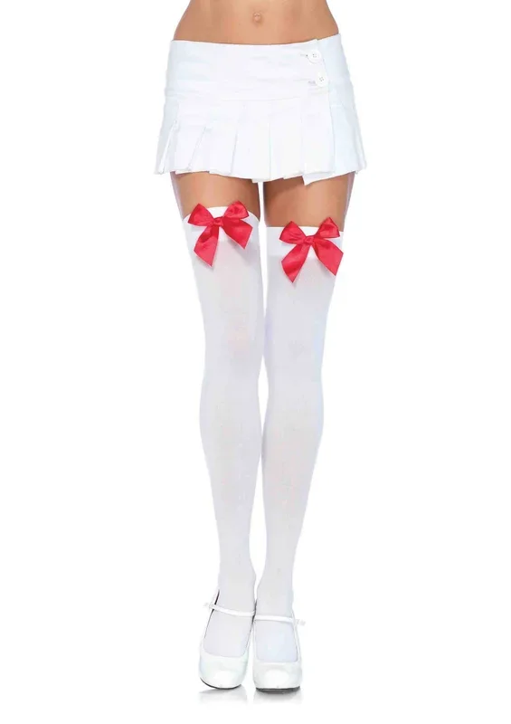 Nylon Over the Knee Socks – White With Red Bow