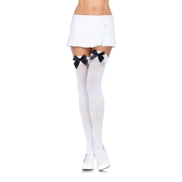Nylon Thigh Highs With Bow – One Size – White / Black