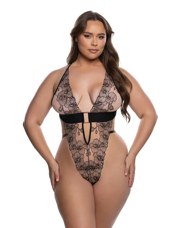 Orchid Blossom Embroidered Teddy – Black/Nude 1X