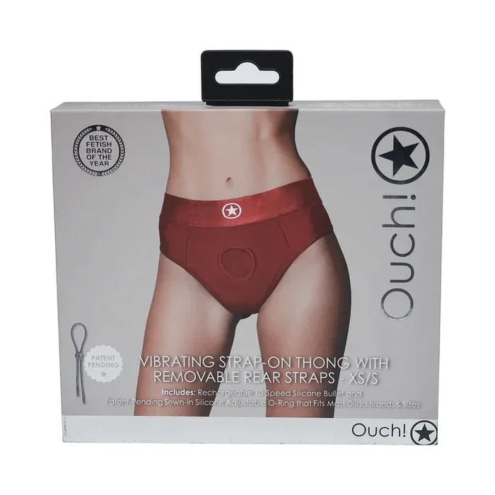 Ouch! Vibrating Strap-On Thong with Removable Butt Straps – Red
