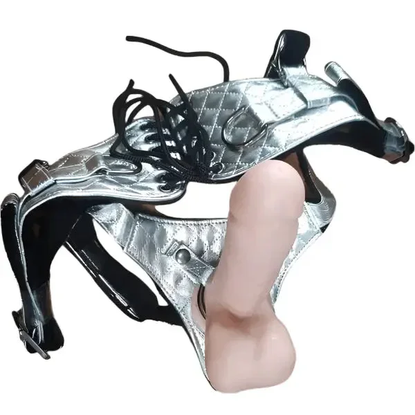 Perfect Silver Strap On | 7″ Get Real Bendable Dildo Nude | Faux Fur | 3 Rings