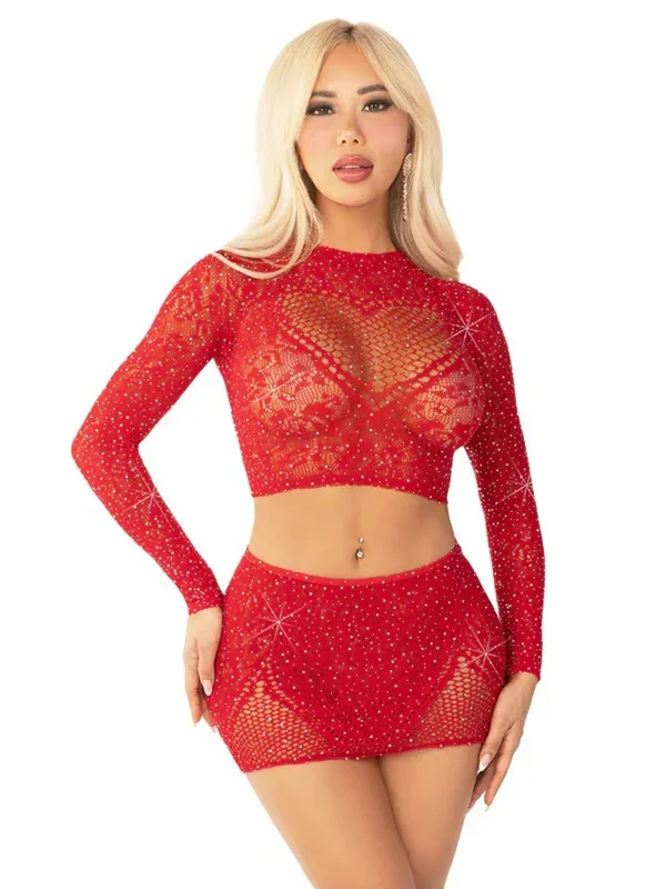 Red 2pc Rhinestone Lace and Net Crop Top with – Heart Keyhole Mini Skirt – Os