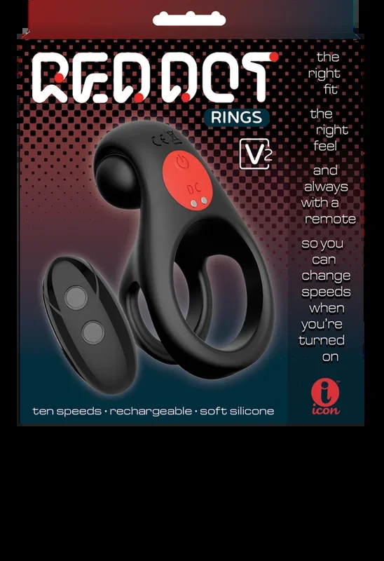 Red Dot Silicone Rechargeable Vibrating Cock Ring with Controller V2 – Black/Red