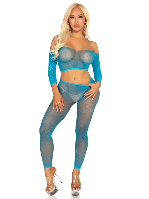 Rhinestone Fishnet Crop Top and Footless Tights O/s – Neon Blue