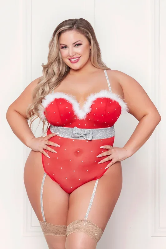 Rhinestone Studded Mesh Teddy With Marabou Trim – X-Large – Red