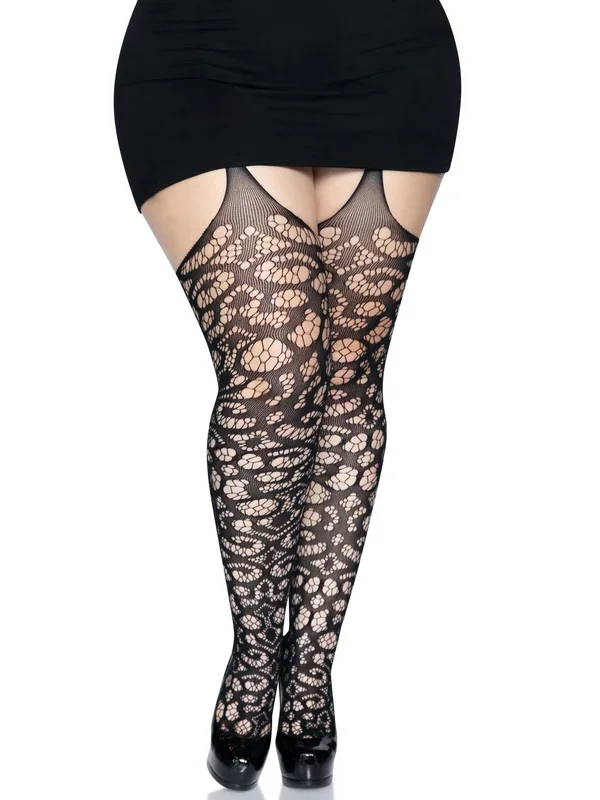 Scroll Lace Stocking With Attached Garter Belt – 1x/2x – Black
