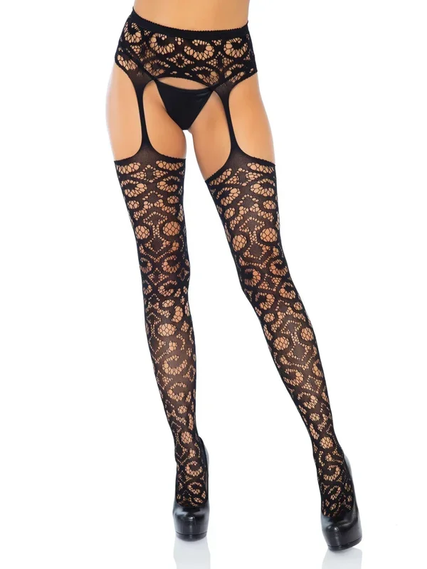 Scroll Lace Stockings With Attached Garter Belt – One Size – Black