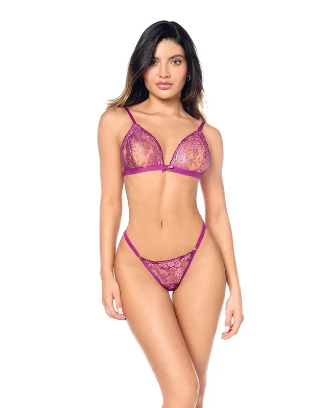 Sheer Lace Triangle Top w/Panty 2 pc Set – Pink S/M
