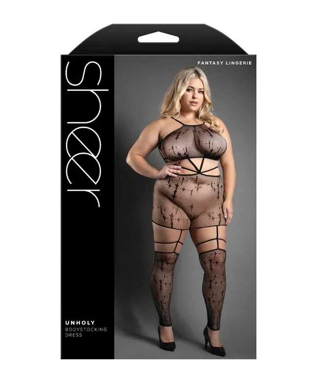 Sheer Unholy Gartered Bodystocking Dress Black Stockings