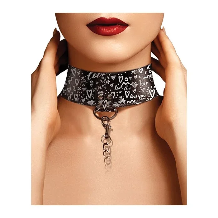 Shots Ouch Love Street Art Fashion Printed Collar w/Leash – Black