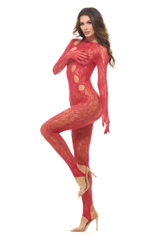 Split Up Lace Bodystocking – Red – Os