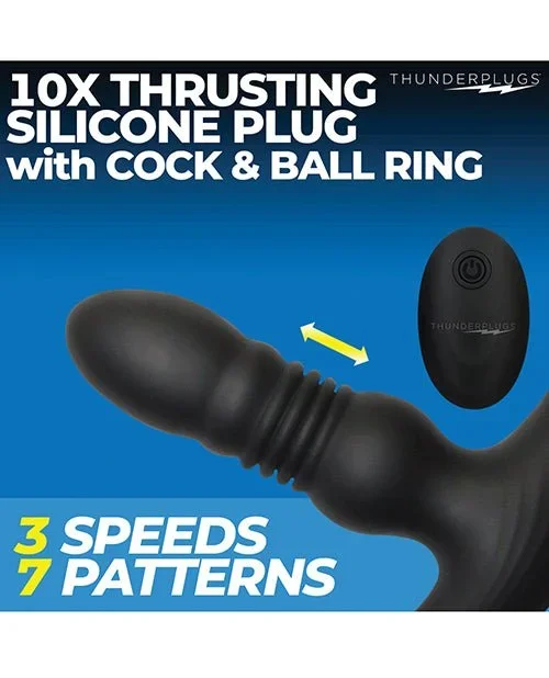 ThunderPlugs 10X Thrusting Silicone Vibrator w/Cock & Ball Strap & Remote – Black