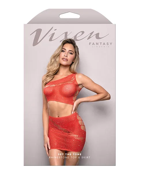 Vixen Set The Tone Rhinestone Knit One Shoulder Top w/Skirt 2 pc Set – Red O/S