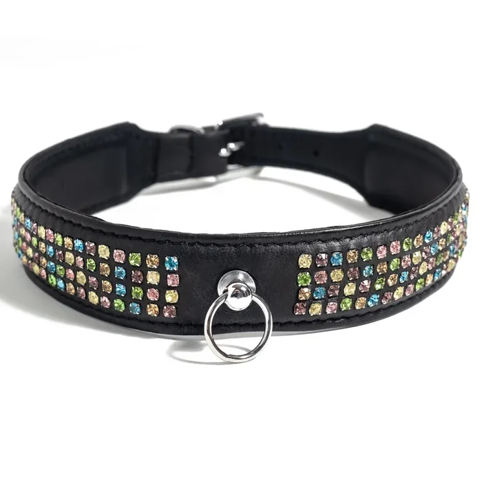 Zorba Leather Collar With Quadruple Tier Rainbow Rhinestones