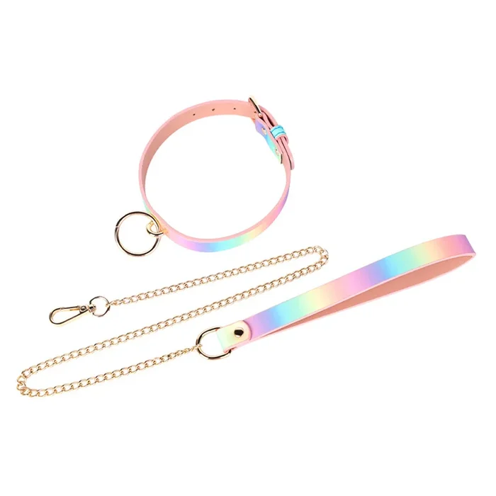 ZYL Pastel Rainbow Faux Leather Collar & Chain Leash